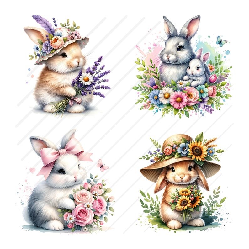 May include: Four illustrations of bunnies wearing hats and holding flowers. The bunnies are all white with pink noses and whiskers. The flowers are pink, purple, and yellow. The hats are a straw hat with sunflowers, a pink bow, a white hat with flowers, and a white hat with lavender flowers.