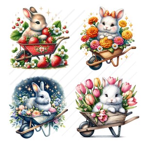 Pode incluir: Quatro ilustra&ccedil;&otilde;es de coelhos em carrinhos de m&atilde;o. O primeiro coelho &eacute; castanho e est&aacute; num carrinho de m&atilde;o vermelho com morangos. O segundo coelho &eacute; branco e est&aacute; num carrinho de m&atilde;o de madeira com flores laranja. O terceiro coelho &eacute; branco e est&aacute; num carrinho de m&atilde;o de prata com flores cor-de-rosa e azuis. O quarto coelho &eacute; branco e est&aacute; num carrinho de m&atilde;o de madeira com tulipas cor-de-rosa e amarelas.