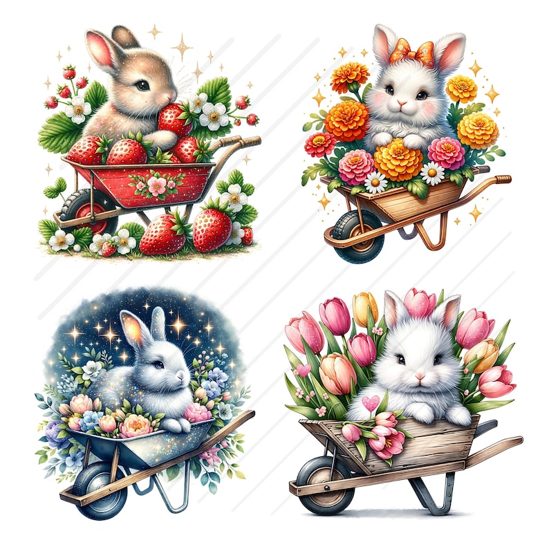 Pode incluir: Quatro ilustra&ccedil;&otilde;es de coelhos em carrinhos de m&atilde;o. O primeiro coelho &eacute; castanho e est&aacute; num carrinho de m&atilde;o vermelho com morangos. O segundo coelho &eacute; branco e est&aacute; num carrinho de m&atilde;o de madeira com flores laranja. O terceiro coelho &eacute; branco e est&aacute; num carrinho de m&atilde;o de prata com flores cor-de-rosa e azuis. O quarto coelho &eacute; branco e est&aacute; num carrinho de m&atilde;o de madeira com tulipas cor-de-rosa e amarelas.