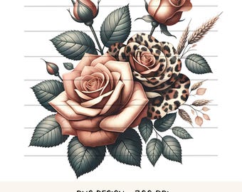 Rose PNG Floral Animal Print Tshirt Design Watercolor Floral PNG Graphic Nature Lover Digital Download Dusty Pink Rose Clipart Leopard Print