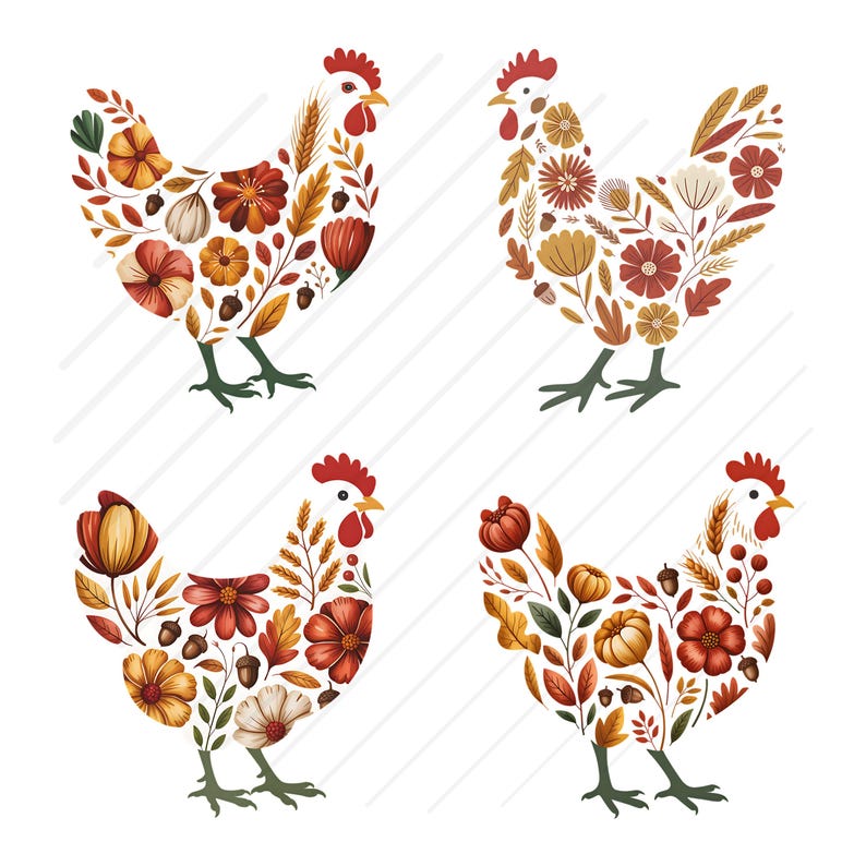Fall Chicken Animation Fall Floral Chicken Clipart Bundle: Autumn Farmhouse Graphics (JPG ...