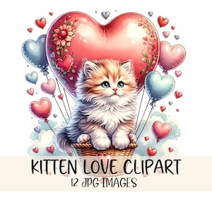 Lindo paquete de imágenes prediseñadas de gatitos, gatitos en acuarela, gráficos de San Valentín, imágenes prediseñadas para amantes de los gatos, imágenes prediseñadas de vacaciones, descarga digital, arte imprimible