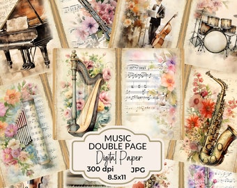 Musical Sheet Junk Journal Kit Pages Watercolor Vintage Music Instruments Digital Scrapbook Paper Background Image Download Sheet Music