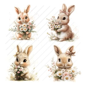 May include: Four illustrations of brown bunnies holding bouquets of white and pink flowers. Each bunny is depicted with a different expression and pose.