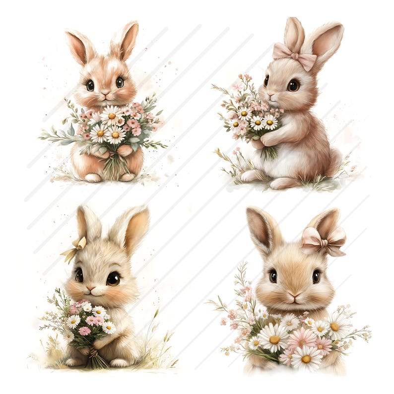 May include: Four illustrations of brown bunnies holding bouquets of white and pink flowers. Each bunny is depicted with a different expression and pose.