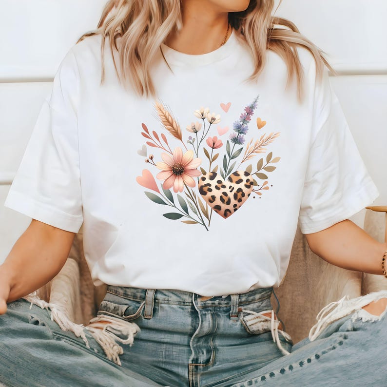 Blommig Cottagecore PNG Wildflower Design Akvarell Botanisk PNG Grafisk Leopardtryck Hjärta T-shirt Design Naturälskare Digital Nedladdning bild 6