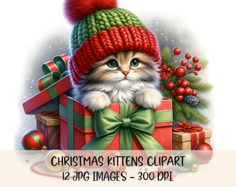 Cute Kitten Clipart Bundle Christmas Cats Clipart Watercolor Cat Lovers Clipart JPG Image Festive Graphics Holiday Clipart Digital Download