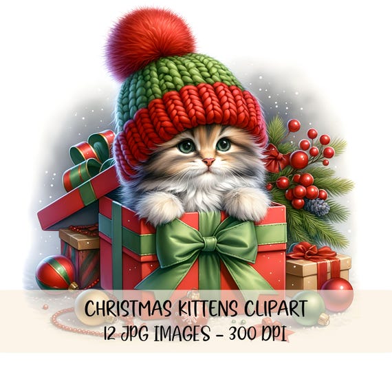 Cute Kitten Clipart Bundle Christmas Cats Clipart Watercolor Cat Lovers Clipart JPG Image Festive Graphics Holiday Clipart Digital Download