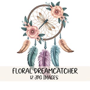 Boho Dreamcatcher Clipart Bundle Floral Dream Catcher Wysokiej jakości pliki JPG Ptaki Pióra Clipart Tribal Art Ilustracja Projekt Papier Rzemiosło