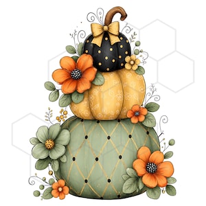 May include: A stack of three decorative pumpkins featuring a black top pumpkin with gold dots and a bow, a yellow middle pumpkin with a floral pattern, and a sage green bottom pumpkin with a gold diamond grid pattern, accented by orange flowers.