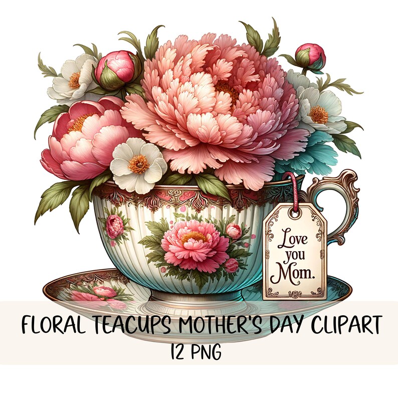 Puede incluir: Una taza de t&eacute; vintage llena de peon&iacute;as rosas y flores blancas. La taza de t&eacute; tiene un patr&oacute;n floral azul y blanco y un borde dorado. Una etiqueta adjunta al asa dice "Love you Mom."