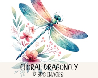 Floral Dragonfly Clipart Bundle Watercolor Dragonflies JPG Images Dragonfly Graphics Garden Clipart Printable Dragonfly Designs Download