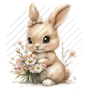 May include: A cute cartoon bunny with a pink bow holding a bouquet of pink and white flowers. The bunny is sitting on a white background.