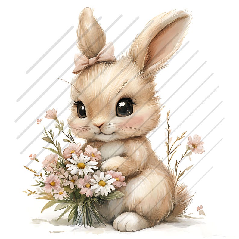 May include: A cute cartoon bunny with a pink bow holding a bouquet of pink and white flowers. The bunny is sitting on a white background.