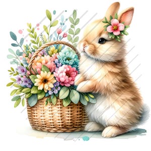 May include: A cute brown bunny rabbit with a pink flower headband is holding a wicker basket filled with colorful flowers. The flowers are pink, yellow, blue, and purple.