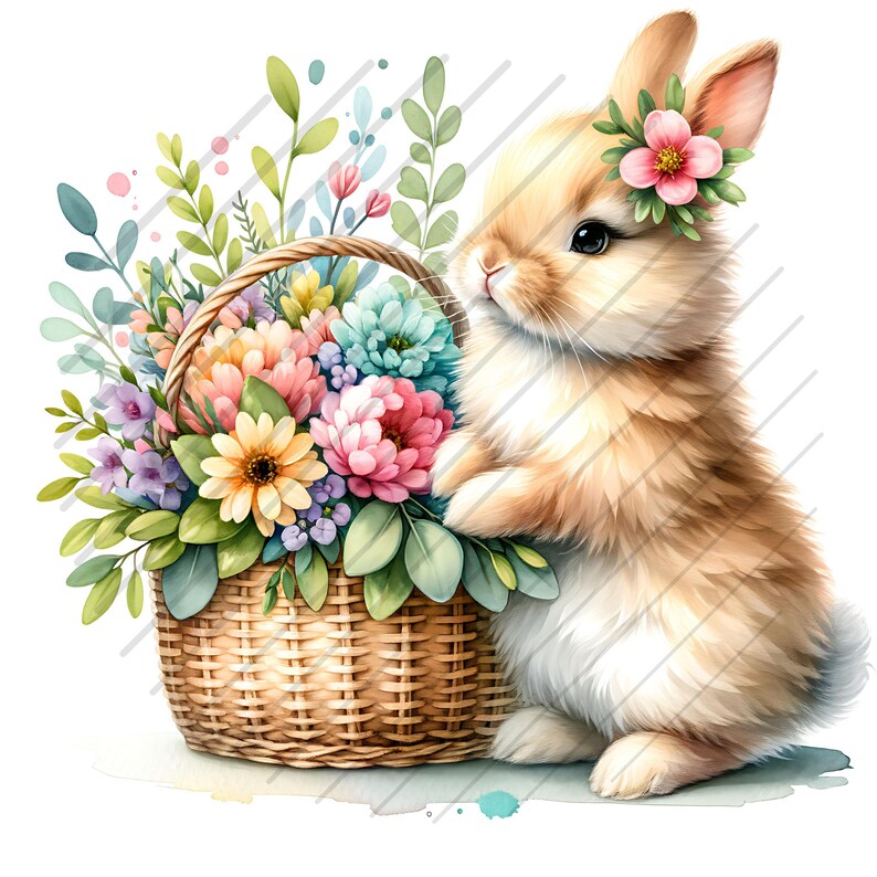 May include: A cute brown bunny rabbit with a pink flower headband is holding a wicker basket filled with colorful flowers. The flowers are pink, yellow, blue, and purple.