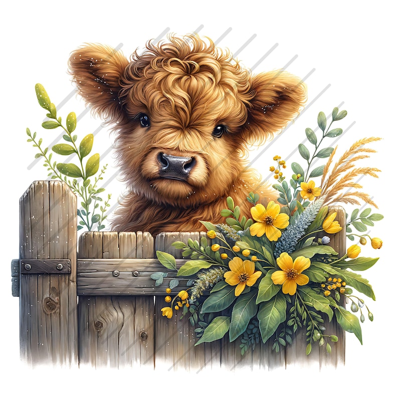 May include: A brown and white Highland cow calf with curly hair peeks over a wooden fence with yellow flowers and green leaves.