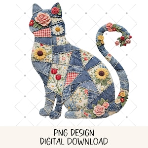 Fałszywy patchworkowy kot PNG, sublimacja, wzór Cottagecore, pikowany kotek PNG, miłośnik kotów PNG, kwiatowy materiał, dżinsowa koszulka, projekt do pobrania cyfrowego