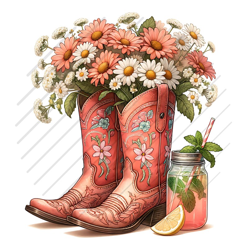 May include: Coral-coloured cowboy boots with floral embroidery, filled with a bouquet of daisies and other flowers. A mason jar with a pink drink, mint, and a lemon wedge sits beside the boots. A striped straw is in the drink.