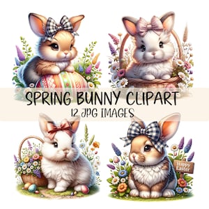 Cute Easter Bunny Clipart Bundle Spring Bunnies Clipart JPG Images Floral Rabbit Graphics Watercolor Bunny with Flowers Happy Easter Design