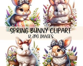 Cute Easter Bunny Clipart Bundle Spring Bunnies Clipart JPG Images Floral Rabbit Graphics Watercolor Bunny with Flowers Happy Easter Design