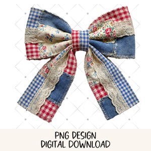 Cottagecore Patchwork Coquette Bow PNG Vintage Fabric Bow Clipart Rustic Farmhouse Bow Design Printable Sublimation T-shirt Graphic