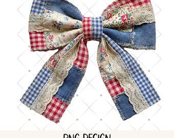 Fiocco in tessuto vintage con patchwork Cottagecore, fiocco in stile fattoria rustico, grafica per maglietta stampabile a sublimazione.