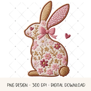 May include: An embroidered bunny design with a floral pattern in pink and gold. The bunny has a pink bow and heart accents. The text "PNG DESIGN - 300 DPI - DIGITAL DOWNLOAD" is at the bottom.