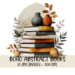 Paquete de imágenes prediseñadas de libros bohemios, ilustración de acuarela de pila de libros, imágenes JPG, imágenes prediseñadas de tonos tierra, decoración bohemia moderna, imágenes prediseñadas para amantes de los libros imprimibles
