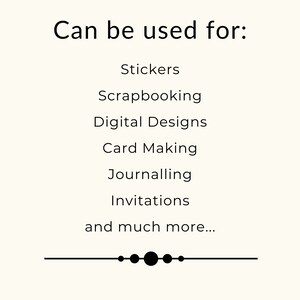 Puede incluir: Texto que dice "Se puede usar para:" seguido de una lista de usos para dise&ntilde;os digitales: Pegatinas, Scrapbooking, Dise&ntilde;os digitales, Creaci&oacute;n de tarjetas, Journaling, Invitaciones, y mucho m&aacute;s...