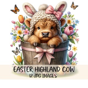 Bundle de cliparts vache Highland de Pâques Design mignon vache Highland Images JPG Illustration vache Highland printemps Clipart Pâques aquarelle imprimable