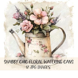Lot de cliparts floraux vintage Shabby Chic arrosoir aquarelle Illustrations botaniques JPG de haute qualité découpage Junk Journal Scrapbook