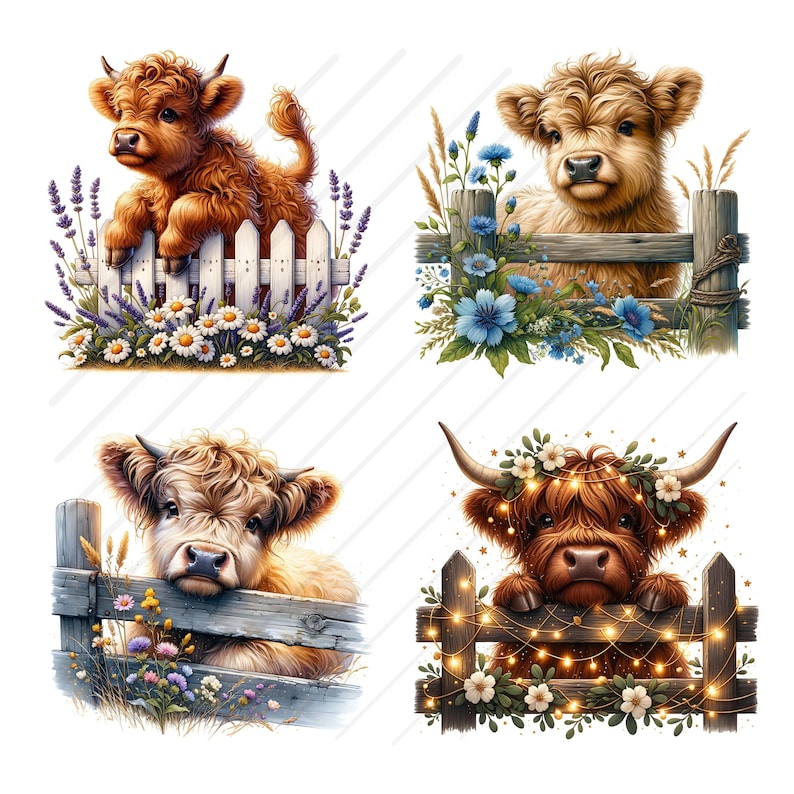 May include: Four digital illustrations of Highland cattle with different backgrounds. The first image shows a brown Highland calf peeking over a white picket fence with purple and white flowers. The second image shows a brown Highland cow peeking over a wooden fence with blue flowers. The third image shows a brown Highland cow peeking over a wooden fence with green grass and flowers. The fourth image shows a brown Highland cow with a flower crown and string lights peeking over a wooden fence with white flowers.