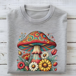 May include: A gray sweatshirt with a colorful psychedelic mushroom graphic surrounded by flowers. The mushroom has red, blue, green, and yellow swirls. The flowers are red, yellow, and white.