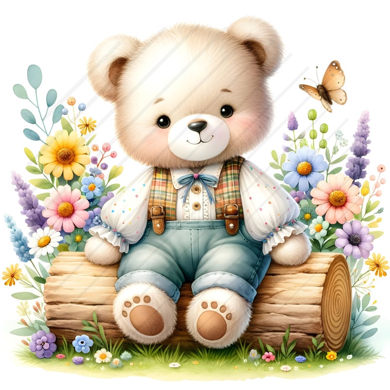 Op de afbeelding: Een pluche teddybeer met een geruit overhemd en een blauwe overall zit op een houten boomstam omringd door kleurrijke bloemen. Een vlinder vliegt boven de boomstam.