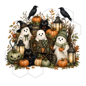May include: A Halloween-themed illustration featuring three white ghosts, two black cats, and several orange and green pumpkins. The scene includes two black crows, three lit lanterns, a wooden crate with a bunting banner, and autumn foliage.