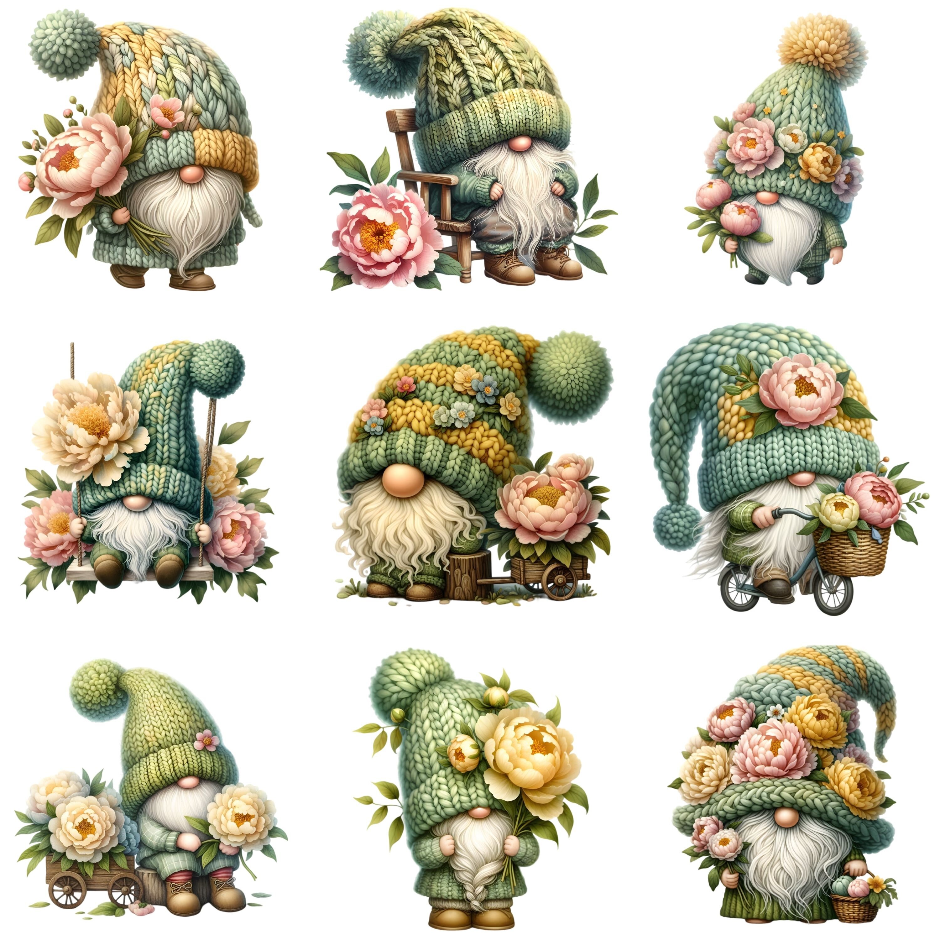 Peonies Gnome Watercolor Clipart PNG Bundle Floral Cute Gnomes Clipart ...