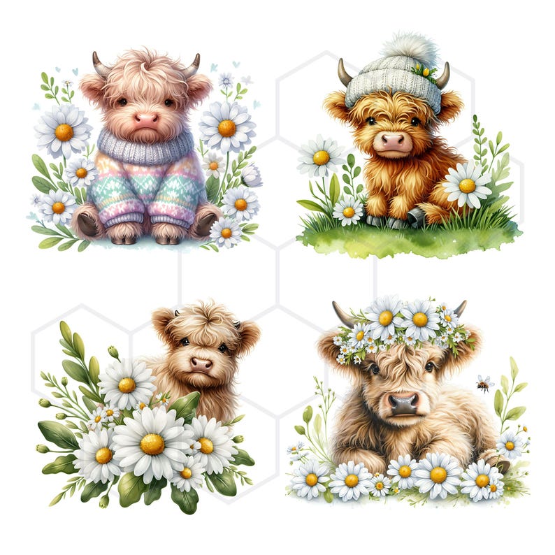 Baby Highland Cow Clipart Watercolor Daisy Clipart Spring Flowers ...