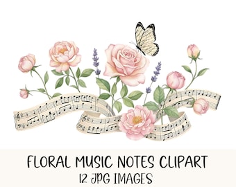 Musical Clipart Bundle Music Notes Clipart High Quality JPGs Floral Musicnotes Digital Download Music Notation Watercolor Art Paper Craft