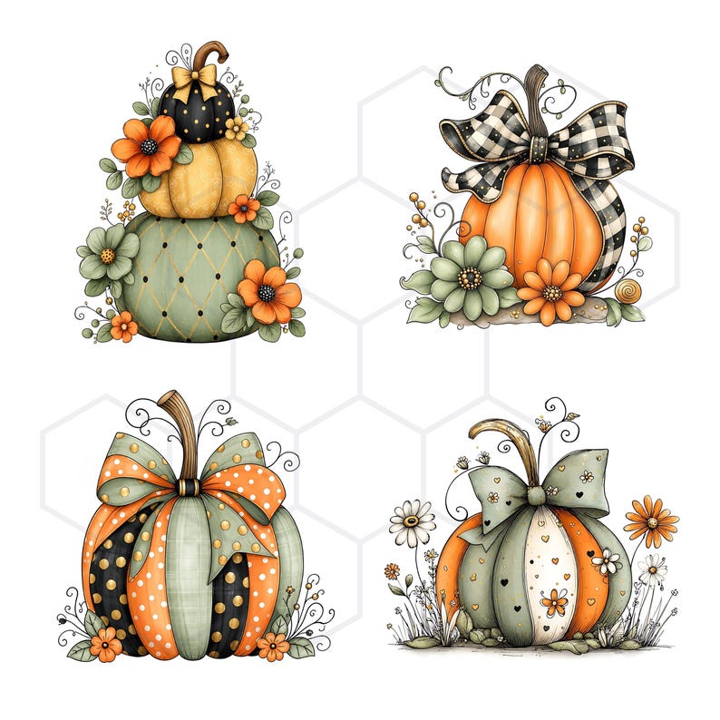 May include: A set of four decorative pumpkin illustrations featuring various patterns and colors. The pumpkins are adorned with orange and green flowers, black and white checkered bows, polka-dot ribbons, and intricate swirling vine details.