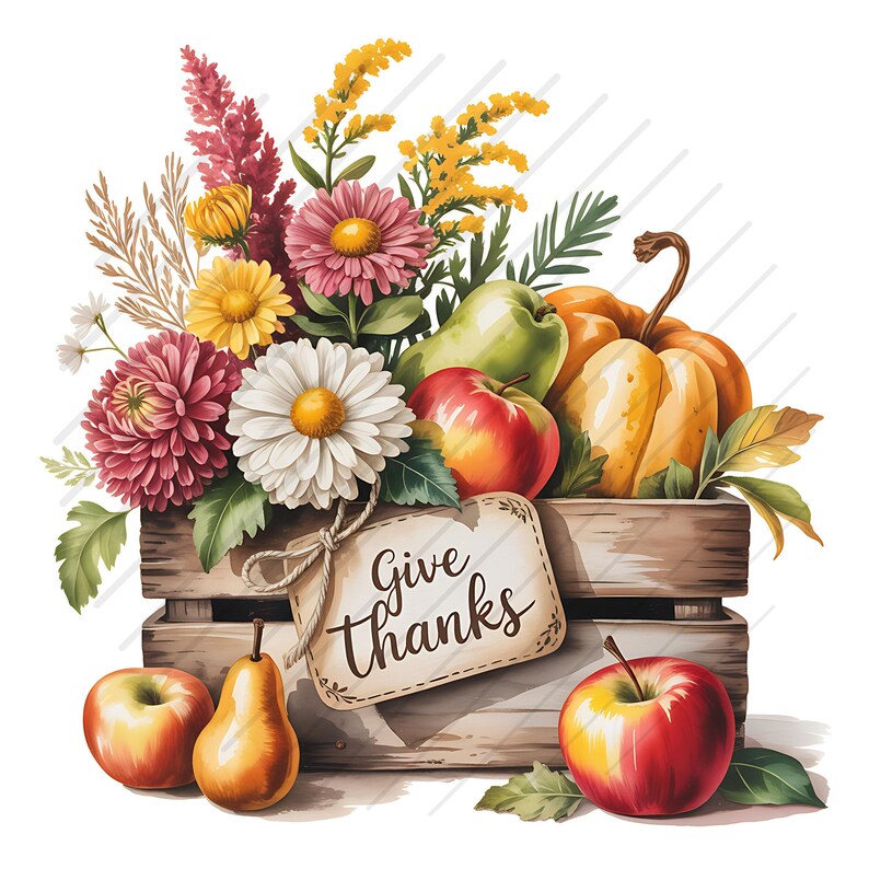 Op de afbeelding: Waterverfillustratie van een houten kist vol herfstoogstproducten. De kist bevat bloemen, appels, peren en een pompoen. Een label aan de kist leest "Give thanks".