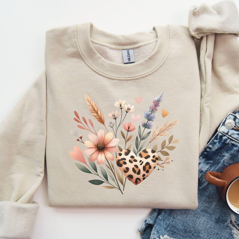 Blommig Cottagecore PNG Wildflower Design Akvarell Botanisk PNG Grafisk Leopardtryck Hjärta T-shirt Design Naturälskare Digital Nedladdning bild 3
