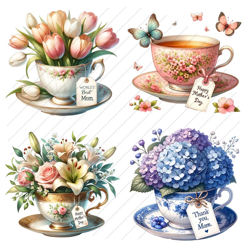 Puede incluir: Cuatro tazas de t&eacute; llenas de diferentes flores, cada una con una etiqueta adjunta. Las tazas de t&eacute; est&aacute;n sobre platillos. Las flores son tulipanes, lirios, hortensias y rosas. Las etiquetas dicen "World's Best Mom", "Happy Mother's Day", "Happy Mother's Day", y "Thank you, Mom."