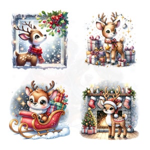 Puede incluir: Cuatro ilustraciones de renos lindos en entornos navide&ntilde;os de invierno. Un reno est&aacute; mirando por una ventana, otro est&aacute; de pie junto a los regalos, otro est&aacute; montando en un trineo rojo y el &uacute;ltimo est&aacute; de pie frente a una chimenea.