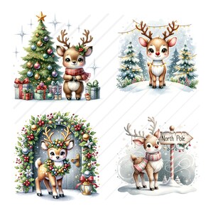 Puede incluir: Cuatro ilustraciones de renos de dibujos animados lindos en entornos invernales. Un reno est&aacute; de pie frente a un &aacute;rbol de Navidad con regalos, otro est&aacute; de pie en un bosque nevado con luces, un tercero est&aacute; de pie frente a una puerta con una corona, y el cuarto est&aacute; de pie frente a un letrero que dice "Polo Norte".