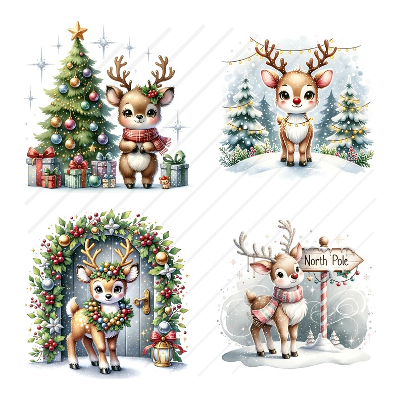 Puede incluir: Cuatro ilustraciones de renos de dibujos animados lindos en entornos invernales. Un reno est&aacute; de pie frente a un &aacute;rbol de Navidad con regalos, otro est&aacute; de pie en un bosque nevado con luces, un tercero est&aacute; de pie frente a una puerta con una corona, y el cuarto est&aacute; de pie frente a un letrero que dice "Polo Norte".