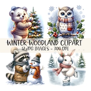 Paquete de imágenes prediseñadas de animales del bosque de invierno, imágenes en formato JPG, acuarela, imágenes prediseñadas de vida silvestre de invierno, arte de animales del bosque, lindas ilustraciones de bosques navideños
