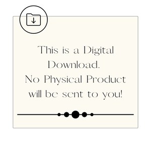 Puede incluir: Un cuadrado blanco con un borde negro y un icono de carpeta negro con una flecha hacia abajo. El texto "Esto es una descarga digital. &iexcl;No se enviar&aacute; ning&uacute;n producto f&iacute;sico!" est&aacute; escrito en negro sobre fondo blanco. Una l&iacute;nea negra con tres c&iacute;rculos negros se encuentra en la parte inferior del cuadrado.