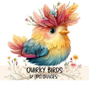Imágenes prediseñadas de pájaros caprichosos, imágenes prediseñadas digitales de pájaros coloridos, imágenes prediseñadas de acuarela, imágenes JPG de alta calidad, gráficos imprimibles, imágenes prediseñadas de pájaros extravagantes