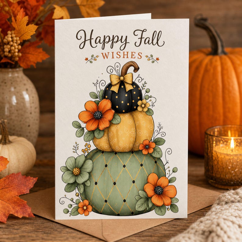 May include: A greeting card with the text Happy Fall WISHES featuring a stack of three pumpkins in black, yellow, and sage green, decorated with orange flowers, green leaves, and a small yellow bow on the top pumpkin, all on a white background.